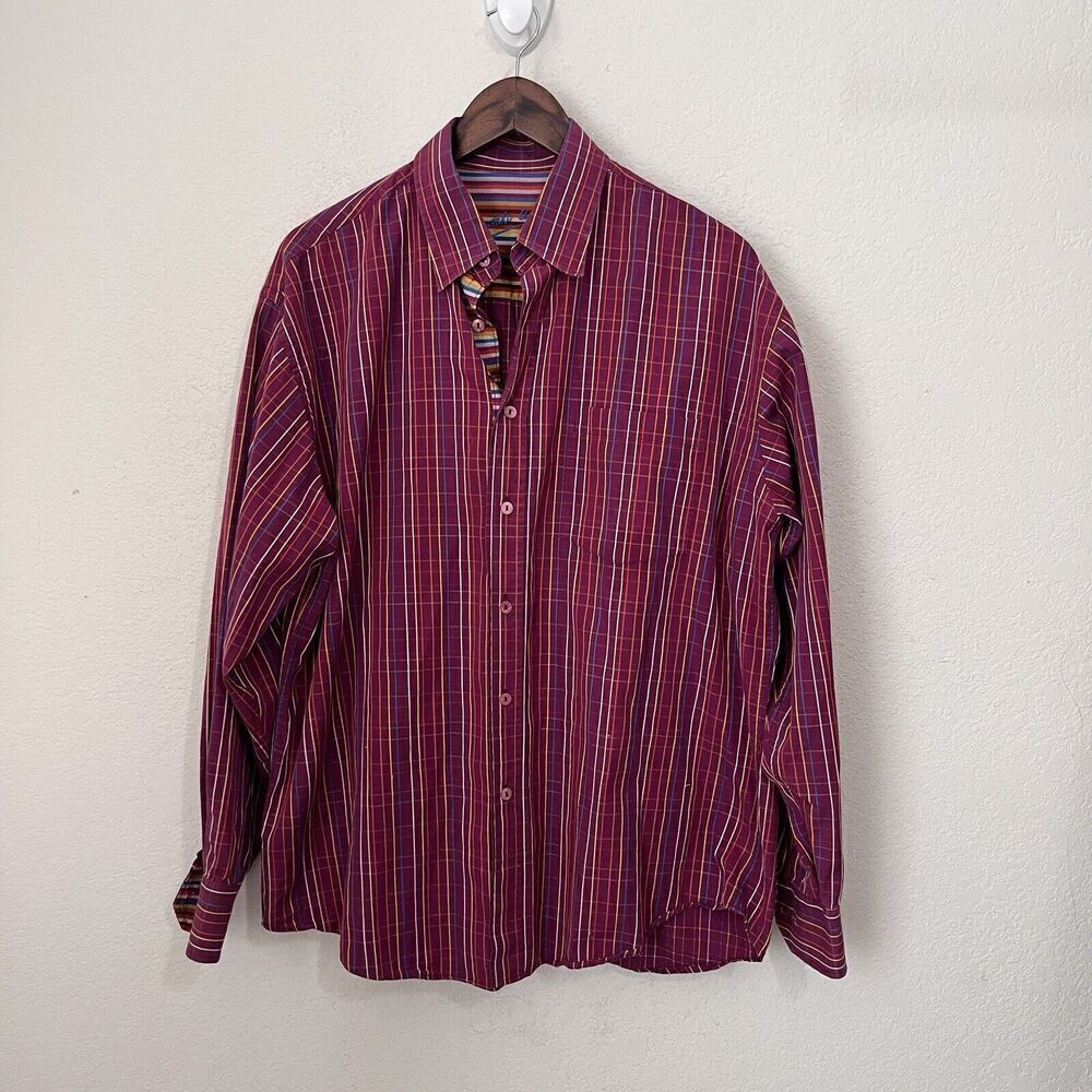 Bugatchi Uomo Button Up Shirt Mens Size Large Colorful Stripes Burgundy Cotton